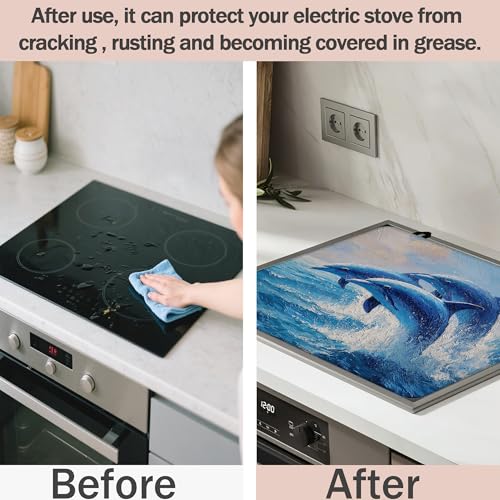 Image of Blue Jumping Dolphins Stove Top Cover for Electric Stove, Heat Resistant Glass Cooktop Cover, Stovetop Protector, Dish Drying Mats Cover for Ceramic Washer Top 28x20 inch