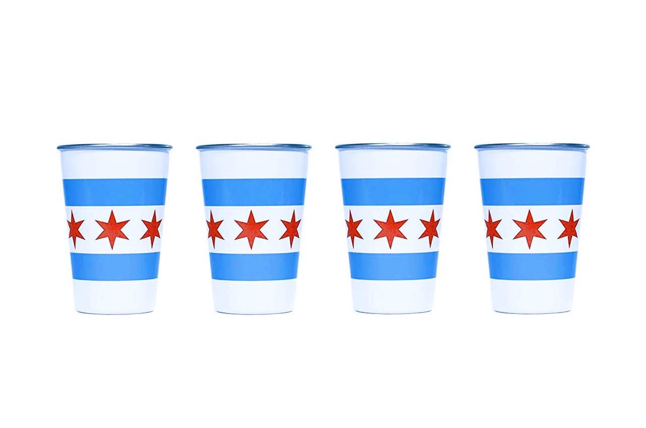 City of Chicago Flag Stainless Steel Pint Cups, Set of 4, 16 Oz Metal Cups For Drinking Made of Food Grade Quality, BPA Free, Shatterproof Tumblers Perfect for Camping, Picnics, Indoor & Outdoor Use