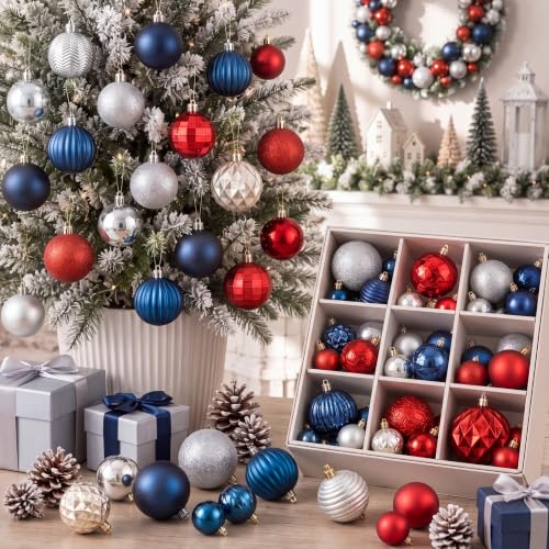 Image of Lunmon 64 Pcs Red Blue and Silver Christmas Ornaments Patriotic Xmas Balls