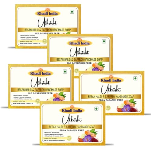 Image of Khadi Besan Haldi & Saffron Handmade Bathing Soap Bar 125g (Pack of 5) | Natural & Herbal | Moisturizing, Glowing & Brightening Skin | For Acne & Pimples | All Skin Types | For Men & Women