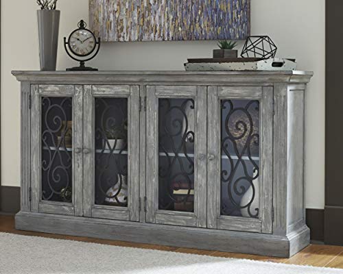 Signature Design By Ashley Mirimyn Vintage 65" 4-Door Accent Cabinet With Clear Glass Inlay And 2 Adjustable Shelves, Gray #TOP1