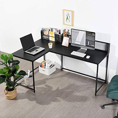 L Shaped Corner Desk Home Office Industrial Style Large Desktop Computer Gaming Desk, Black PC Workstations 165 * 110 * 75-95cm Cover