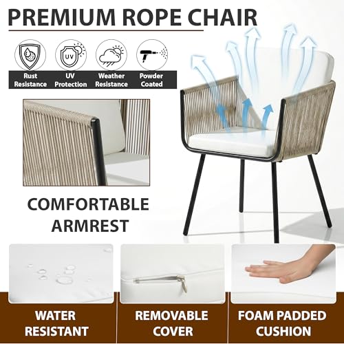 Image of BRISHI Garden Patio Seating Chair and Table Set Outdoor Balcony Garden Coffee Table Set Furniture with 1 Table and 2 Chairs Set Braid & Rope (Beige), 58 cm, 64 cm