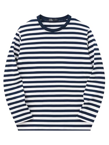 Lars Amadeus Striped T-Shirt for Men's Crew Neck Long Sleeve Contrast Color Pullover Casual Tee Top Navy White M