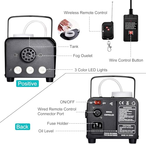 Image of DaBeatz Fog Machine 500W with 13 RGB LED Colors & Indicator Light, Includes 2 Wireless Remote Controls - Party Smoke Machine for Halloween, Weddings, Festivals & Indoor and outdoor Event