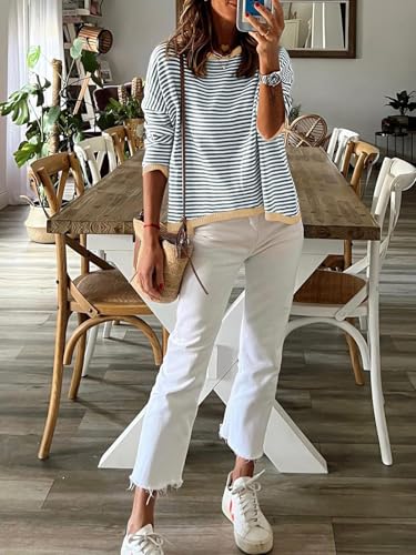 Image of Wowcarbazole Women's Pullover Sweaters Striped Long Sleeve Crew Neck Color Block Sweater Tops Casual Loose Knit Shirts
