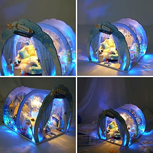 Cuteefun Miniature DIY Dolls House Kit, Wooden Doll house Kit with Furniture, LED Blue Light, Mini Ocean Dream House, Handmade Crafts for Birthday, Valentine's Day Father's Day(Romantic House)