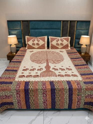 Image of Pure Cotton Jaipuri Premium King Size Double Bedsheet with 2 Pillow Covers, 280 TC Bedsheet for Double Bed (King Size 100x108 Inch) (Multicolor 2)