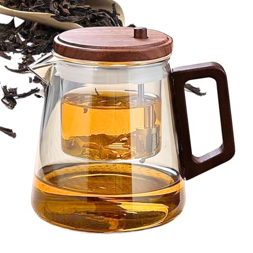 Kustimantu Tetera de cristal con infusor, mango de madera, tetera de cristal con colador, ergonómica, resistente al calor, hervidor para salón en el trabajo