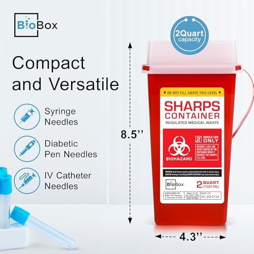 Image of Sharps Container - Small Sharps Containers for Home Use, Travel & Disposal | 2 Quart (Pack of 1), Portable, Puncture-Resistant, Dual Locking Lid, Fits Needles & Syringes