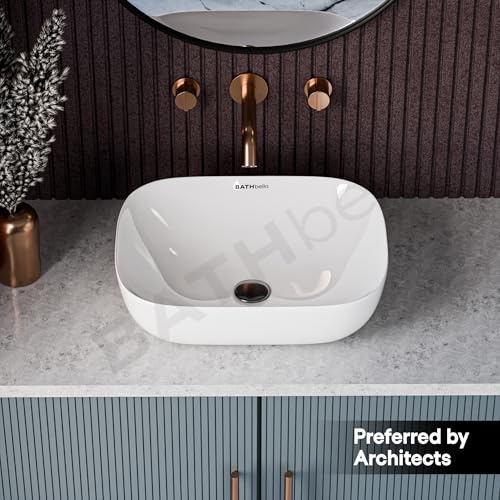 Image of Table Top Ceramic Wash Basin For Bathroom | Rectangular Counter Top Bathroom Sink, Premium Glossy White Above Counter Vanity Basin, Modern Design (18 x 13 x 5 Inch)