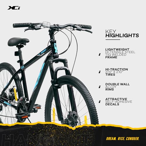 Image of XCi Hangout Mountain Bike, 27.5 -Inch Tires, 21-Speed Shimano Gears, Front Suspension 80mm, Mechanical Disc Brakes, Youth 12+ Years, 18-Inch Ultra Light Steel Frame| Black