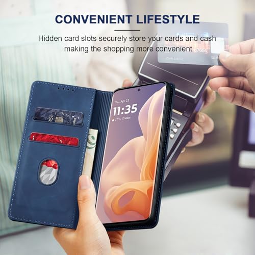 Image of Jasonyu Flip Case for Motorola Moto G85 PU Leather Flip Wallet Cover Stand Function Magnetic Card Slot TPU Bumper Case (Blue)