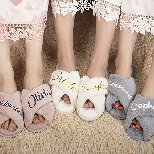 Personalized Bridal Slippers, Fuzzy Cross Band Slippers for Women, Plush Fleece House Slide Shoes, Custom Gifts for Wedding, Bridesmaid, Birthday, Mom3