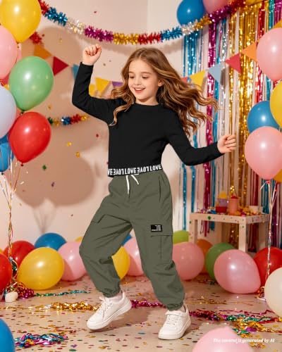 Image of Betusline Girls Fall Winter Clothing Sets, Long Sleeve Crop Top & Cargo Jogger Pants 2 Piece Outfit Sets,4T-14Y