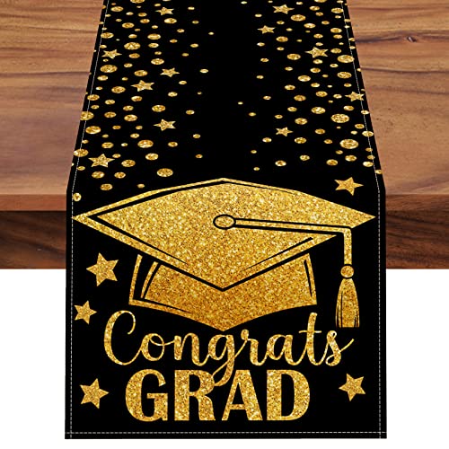 Seliem Congrats Grad Graduation Table Runner, Class Of 2023 Diploma Cap Black Gold Stars Polka Dot Kitchen Dining Table Decor, Holiday Burlap Home Decoration Indoor Outdoor Party Supply 13 X 72 Inches #TOP30