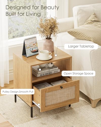 Image of Extra Large Nightstand Rattan Night Stand,Modern Side Table Boho Farmhouse Wood Bedside Table with Storage Drawer and Open Shelf,Large End Side Table for Bedroom,Living Room,Office(Natural)