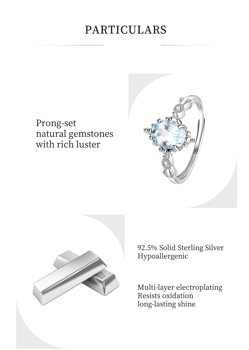 Anillos Mujer Plata Ajustables,Anillos De Compromiso Con Halo De Corte Ovalado para Mujer, Aguamarina Genuina Natural, Banda Infinita, Alianza De Boda Ajustable para Ella Con Caja De Madera