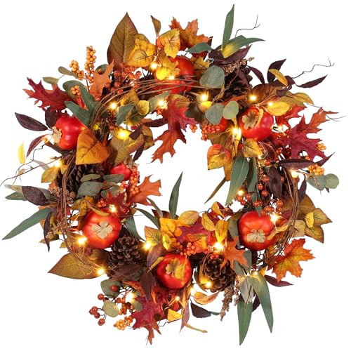 FLORANET 28' D Pre-lit Fall Autumn Harvest Artificial Persimmon Mix Wreath 6 Super Big Pinecones 9 Persimmons (35 LED Lights 8 Flash Options) for Home Decor Shop Front Door (Battery) w Gift Bouquet