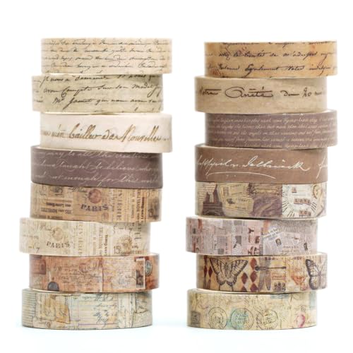 Image of HASTHIP 16 Rolls Vintage Washi Tape Set with Antique Handwritten Patterns for Scrapbooking, Journals, Planners, DIY Crafts, Bullet Notebooks and Gift Wrapping