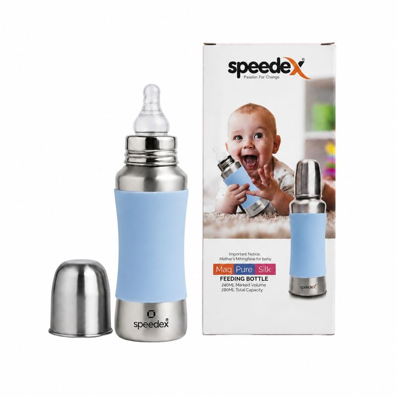 Image of Speedex Stainless Steel Baby Feeding Bottle with Internal ML Marking, Silicon Grip (240 ml) (1 Extra Nipple Free) (Blue, 240ml)