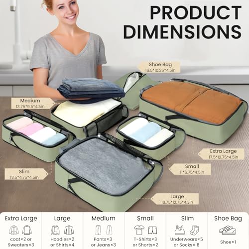 Image of BAGAIL 4 Set /6 Set /8 Set Compression Packing Cubes Travel Accessories Expandable Packing Organizers (Half Mesh, 6-Matcha Green)