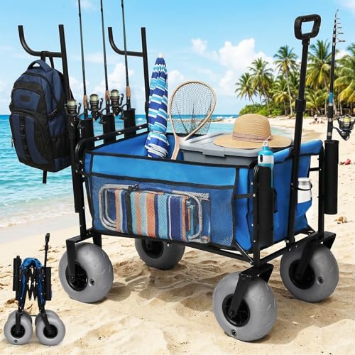 Fishing Cart Beach Wagon for Sand, 9' All-Terrain Wheels, Heavy Duty Foldable Beach Cart,Collapsible Wagon with Rod Holders & Side Pockets, Large Capacity Cargo for Fishing, Camping, Outdoor