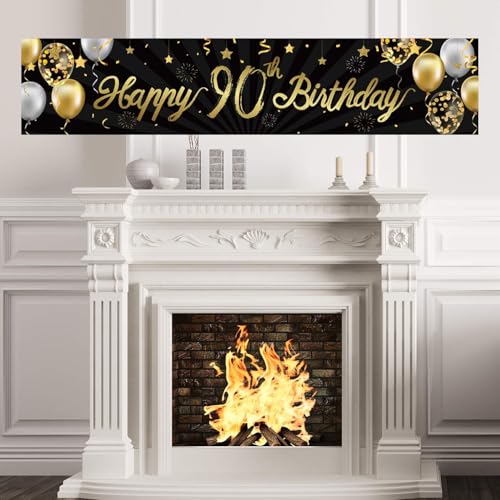 Happy 90th Birthday Banner for Men Women Sign Black Gold Glitter 90 Years Old Birthday Party Decorations Supplies Anniversary Celebration Backdrop