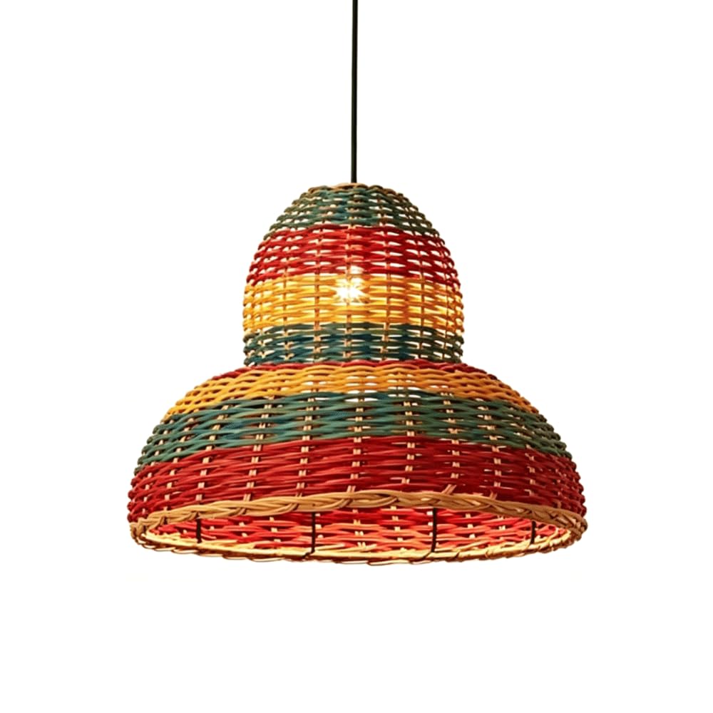 CHUNGYANG Natural Rattan Hanging Light Hand Woven Multi-Color Rattan Wicker Lampshade Chandelier Light Fixture Adjustable Cord Bohemian Pastoral Pendant Lighting for Dining Living Room Cafe Tea Room