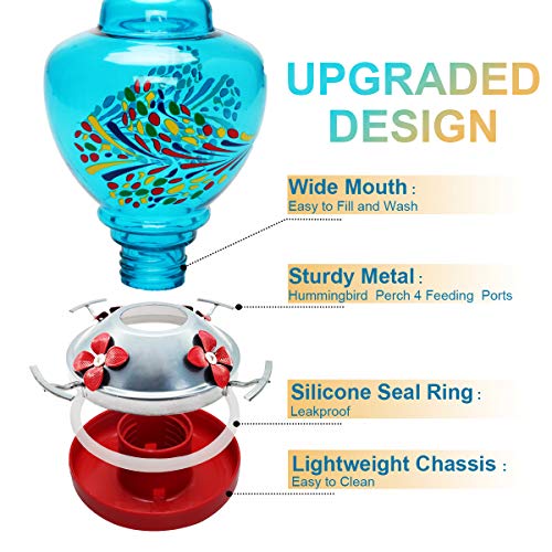 Mingyall Glass Hummingbird Feeder with Perch, Colorful Humming Bird Feeders for Outdoors 0.45 Gallon Nectar Capacity Include Hanging Wires and Moat Hook, Brush