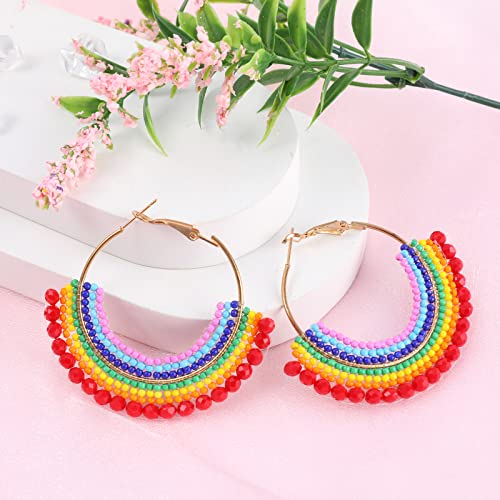 Ideajoy Rainbow Beaded Hoop Earrings For Women Colorful Seed Beads Dangle Earrings Bohemian Statement Earring Boho Handmade Fashion Jewelry Gift For Girls #TOP3