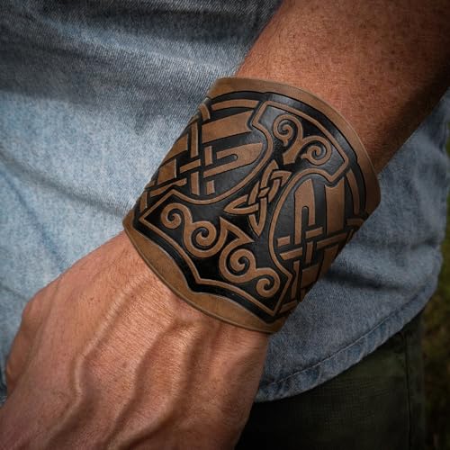 HiiFeuer 2 PCS Viking Embossed Faux Leather Cuff Bracelet, Norse Retro Wristband, Nordic Mjolnir Vegvisir Pattern Cuff Bangle Bracelet2