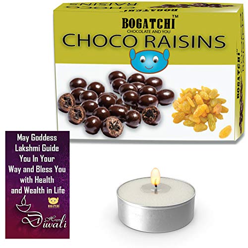 BOGATCHI Diwali Chocolate Gift Hamper for Family, Chocolate Coated Raisins, 100g + Free Diwali Greeting Card + Free Tea Lights