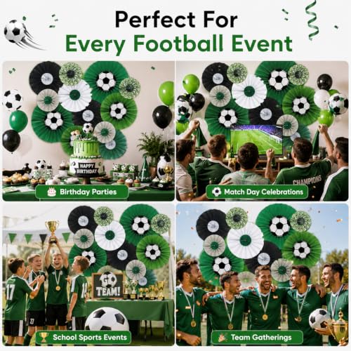 Image of Atpata Funky 12pcs Football Theme Party Decorations - Soccer Ball Paper Fans for Birthday, Sports Party, Match Day, Boys Room Decor - Hanging Paper Rosettes in Green, Black & White Colors