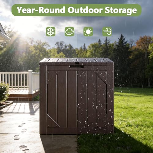 MAKE CHANGES Outdoor Storage Box - 31 Gallon Waterproof Resin Deck Box, Lockable Patio Storage Bench for Package Delivery, Cushions & Garden Tools, UV Resistant (Brown, 31 Gal)