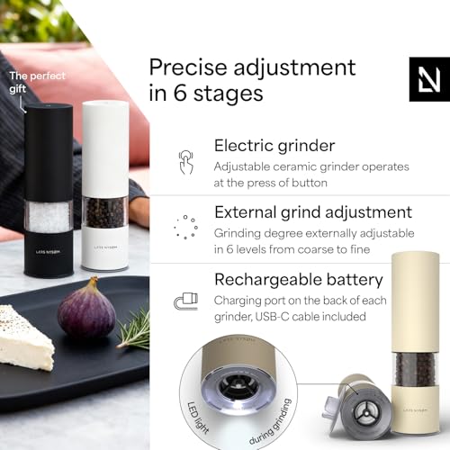 Image of LARS NYSOM Electric Salt and Pepper Grinder Set I Automatic Salt and Pepper Mills with Adjustable Ceramic Grinder I USB Rechargeable Electric Spice Mill Set with LED Light (Brown /Beige)
