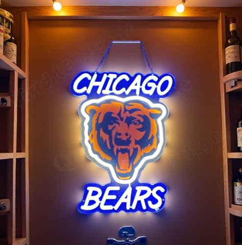 Queen Sense 16x12 Chicagos Sports Bears LED Neon Sign for Wall Decor USB Powered Dimmable LED Lights Signs Man Cave Bar Pub Beer Art Gift BH671