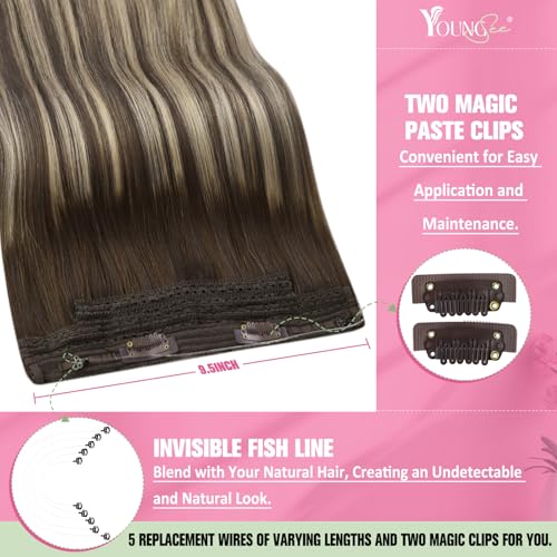 Image of YoungSee 125G Wire Hair Extensions Balayage Brown Fish Line Hair Extensions Real Human Hair Ombre Dark Brown with Ash Blonde Hair Extensions Wire for Women 16Inch