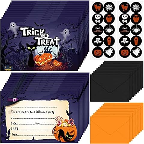 20 Juegos Tarjetas de Invitación de Halloween con Sobres de Negro y Naranja y Pegatinas Redondas de Halloween Cover