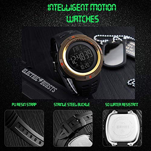 Men's Digital Plastic Sports Watch Waterproof Military Stopwatch Countdown Watches for Men (Gold)4