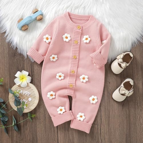 Newborn Baby Girl Boy Fall Clothes Flower Ribbed Long Sleeve Romper Sweater Jumpsuit Infant Coming Home Outfit4