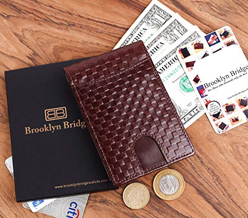Image of Brooklyn Bridge Genuine Leather Money Clip Wallet for Men Chess VT Brown - Premium Slim RFID Protected Wallet with Cash Clip & Multiple Card Slots, Stylish Front Pocket Design, Gift for Men