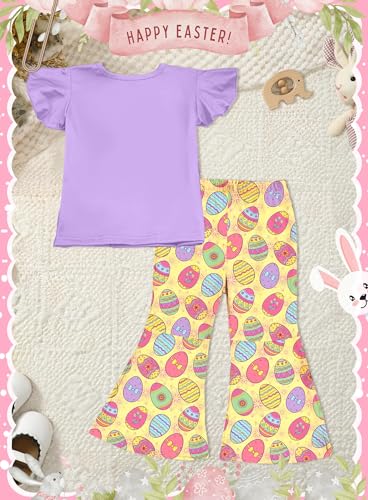 Image of Happy Easter Outfit for Toddler Girl - Cute Bunny Top Flutter Sleeve Shirts Colorful Rabbit Flare Pants Clothes Set