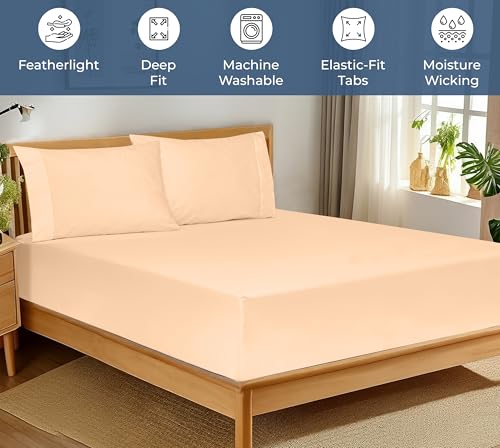 Image of Royale Linens 100% Organic Cotton Fitted Sheet - Percale Weave - Super Soft Deep Pocket Bottom Sheets - Elastic Sheet Twin XL Size - Twin XL Fitted Sheets Only - (39 inchx80 inch+15 inch, Sand)