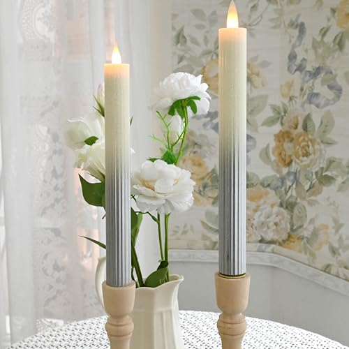 Image of Flameless Taper Candles Flickering with Remote and Timer, 3D Moving Flame Taper Candle Battery Operated to 400 Hours, 9 Inch Window Candles, (Gradient Silver-Vertical Stripes)