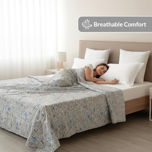 Image of HOMEMONDE 100% Cotton Reversible Dohar Double Bed Size | AC Blanket Comforter | Soft Lightweight Bed Blanket Quilt (84 x 94 Inch, Light Grey & White, Pack of 1)