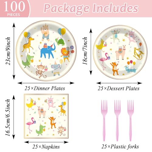 Image of Qyeahkj 100PCS Party Animal Plates and Napkins Party Supplies Happy Birthday Parade Tableware Set Faint Yellow Birthday Decorations Favor Dinner Plates for Animal Party Celebrations Serves 25