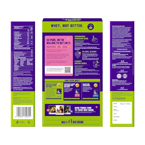 Image of Yogabar Pro Clean Whey Protein Powder, Chocolate Flavour, 25g Protein Blend with Zero Calorie Sweetener, 35g x Pack of 3