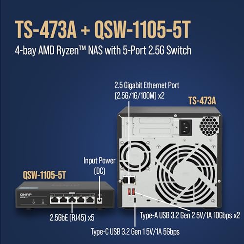 Image of QNAP TS-473A 4-Bay AMD Ryzen Quad-Core 2.5GbE NAS with QSW-1105-5T 5-Port 2.5GbE Unmanaged Switch (Black, Floor Mount, Metal, Desktop, Compatible)