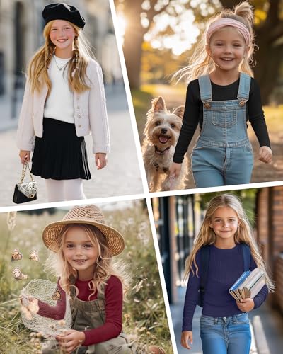Image of 4 Pack Girls Long Sleeve Shirts Ribbed Knit Cotton Crewneck Tops Slim Fit Soft Casual Kids Base Layer Undershirts